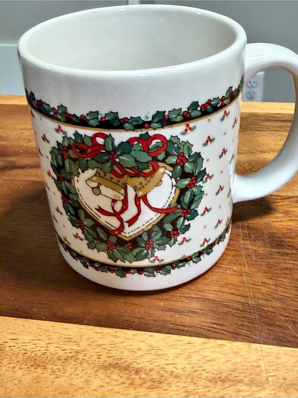 Vintage Holiday Holly & Bells Ceramic Mug in White & Green